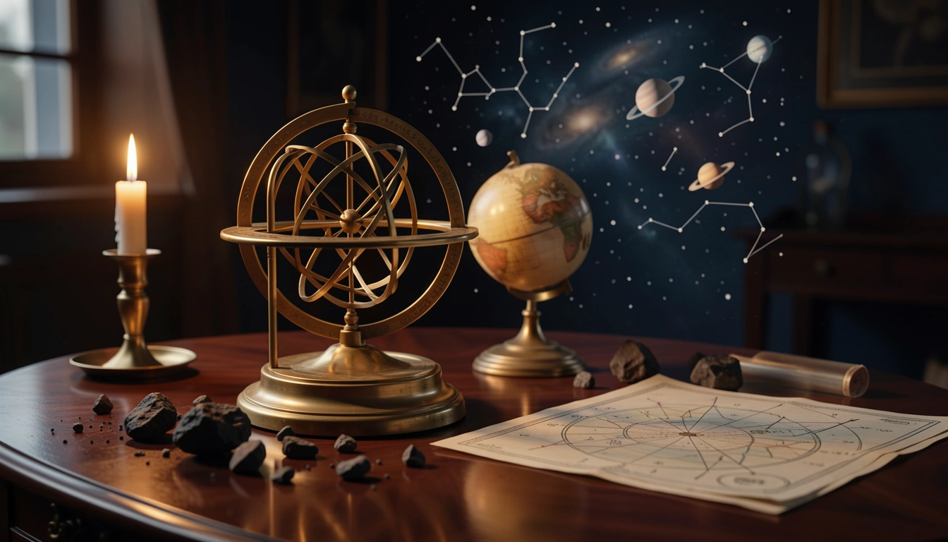 Brass orrery and celestial globe beside meteorite fragments under candlelight