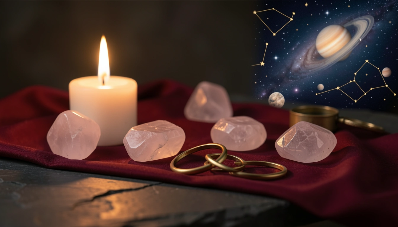 Candlelit table with rose quartz crystals and intertwined gold rings on crimson silk