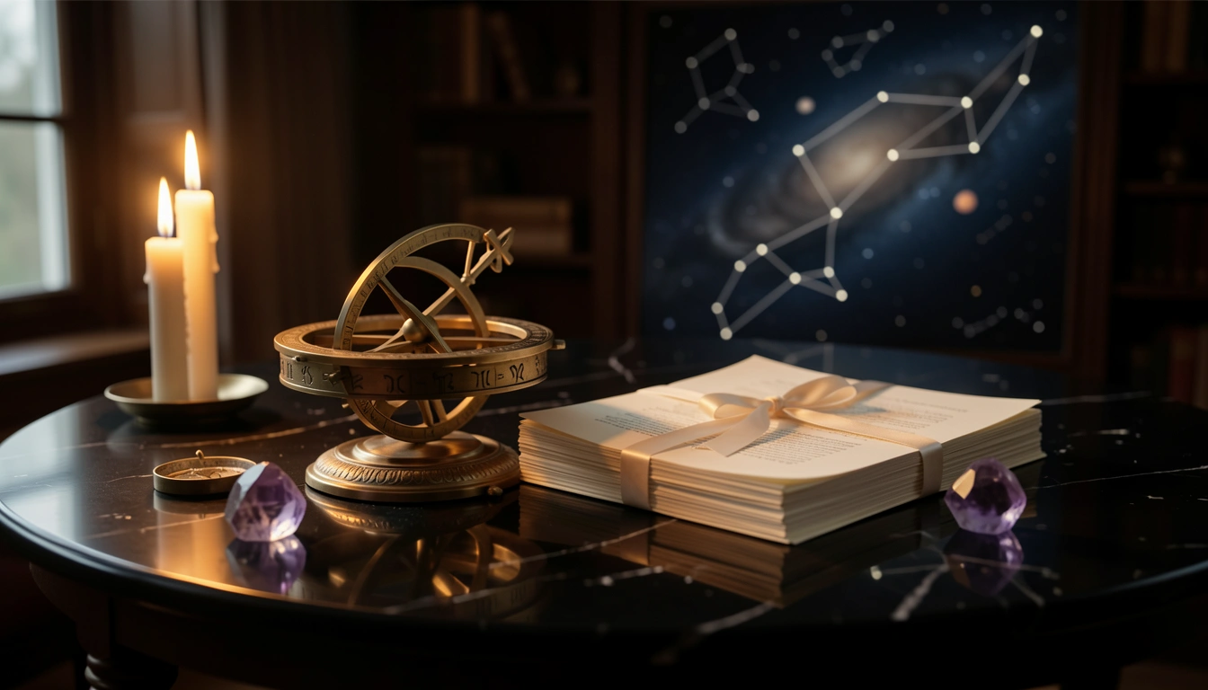 Brass astrolabe and bound report pages on a candlelit obsidian table