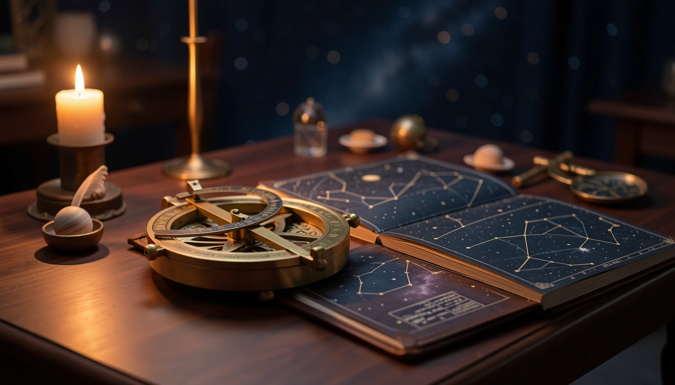 Brass astrolabe and star atlas illuminated by candlelight on a dark wooden table