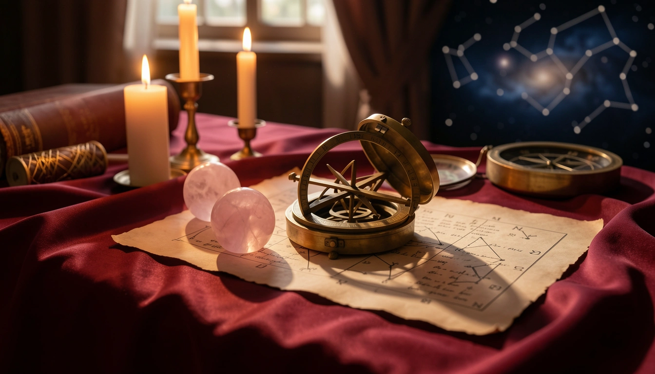 Rose quartz spheres and brass astrolabe on a candlelit silk-draped table