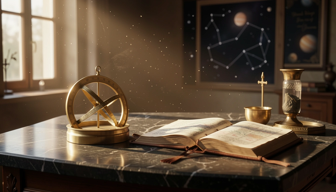 Brass astrolabe and ephemeris on stone table in golden side light