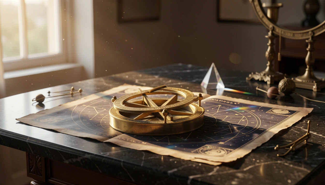 Brass astrolabe and celestial chart on polished stone in golden light