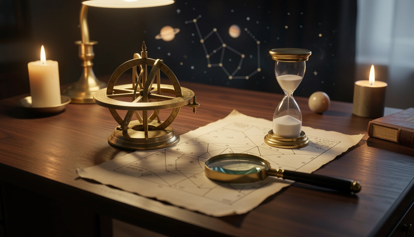 Brass astrolabe and hourglass on a wooden desk beside a folded natal chart