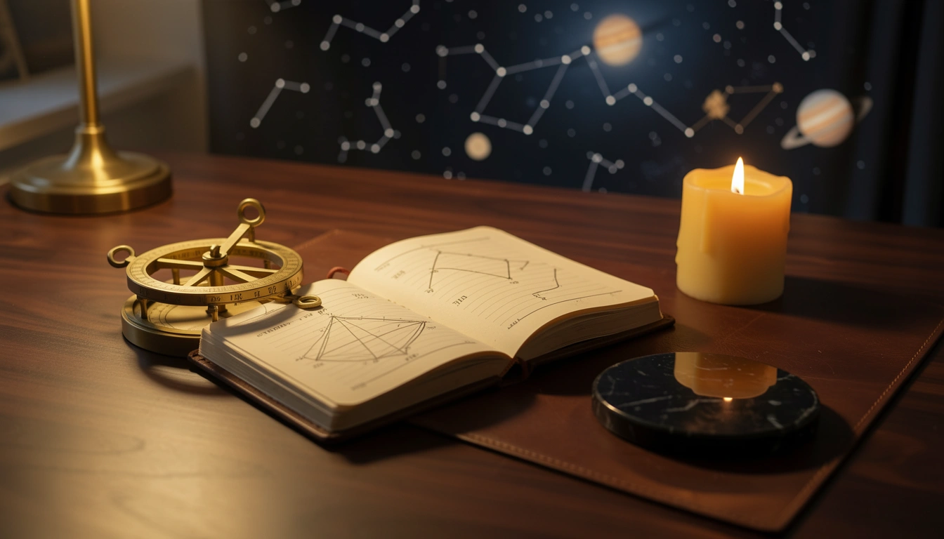Brass astrolabe and candle on a dark wooden desk with an open astrological notebook