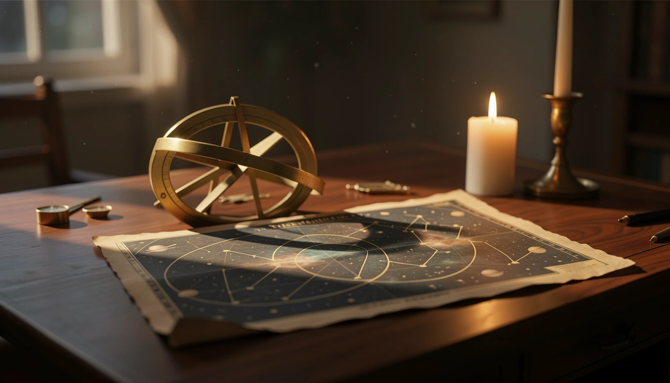 Brass astrolabe and celestial chart illuminated by candlelight on a wooden desk