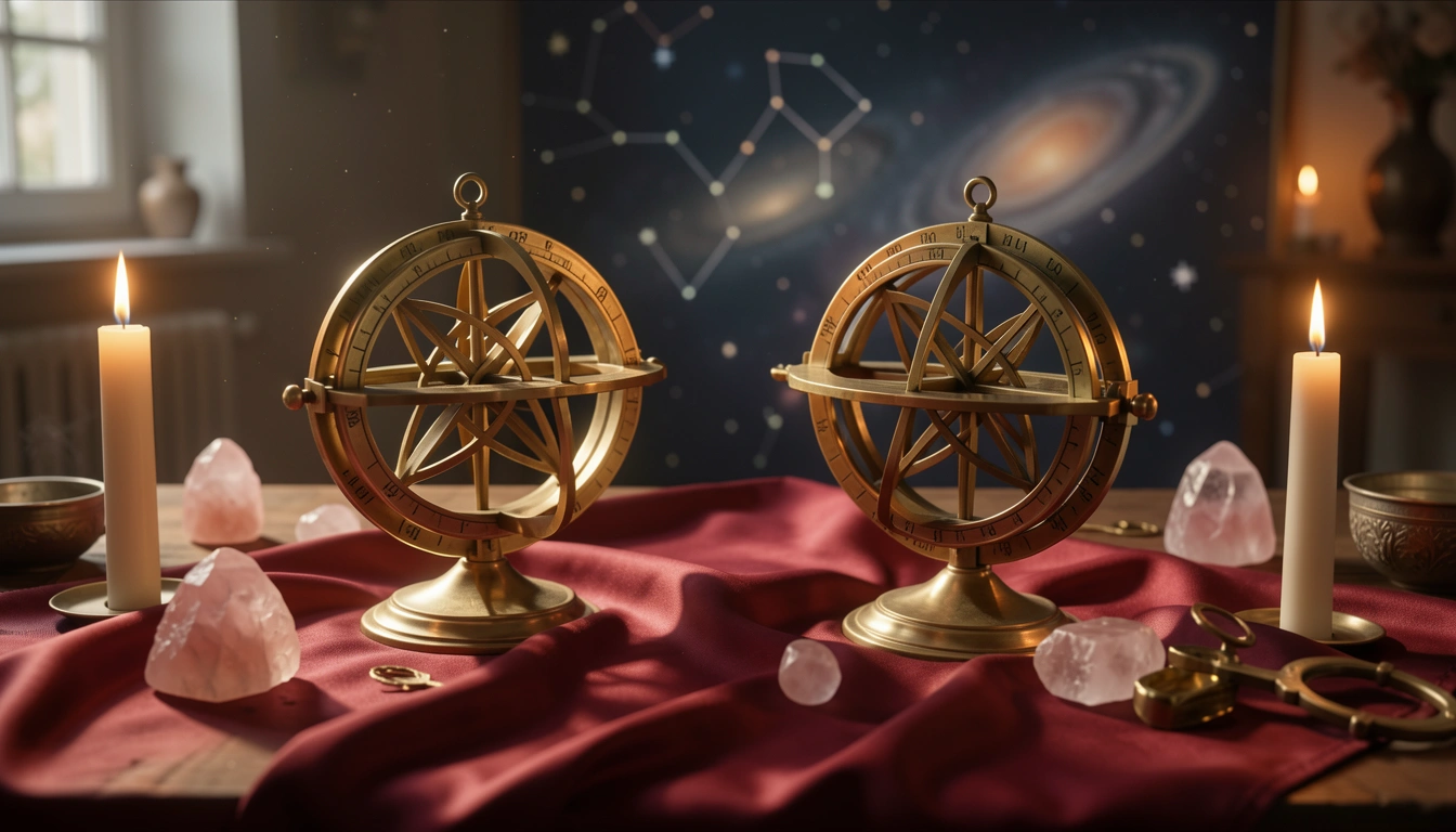 Two brass astrolabes on a candlelit table with rose quartz and crimson silk