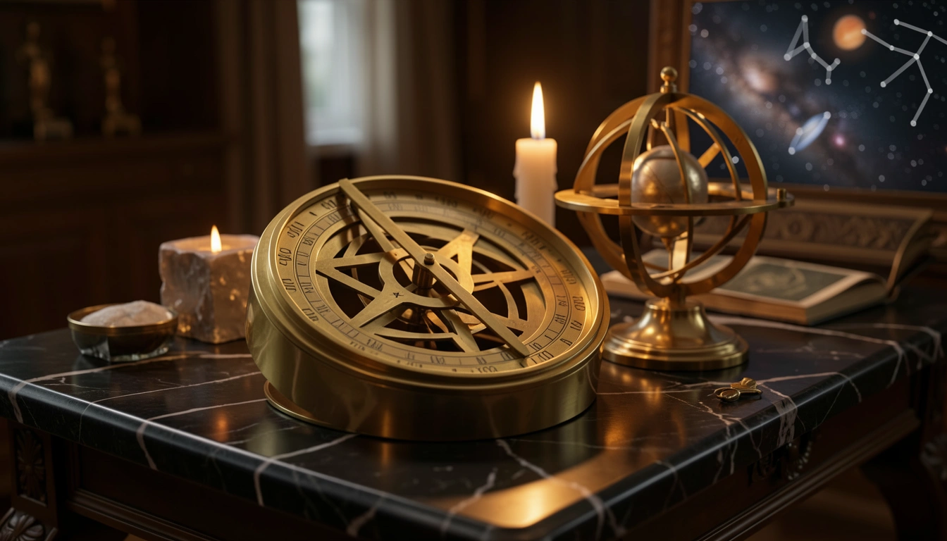 Brass astronomical instruments lit by candlelight on dark marble