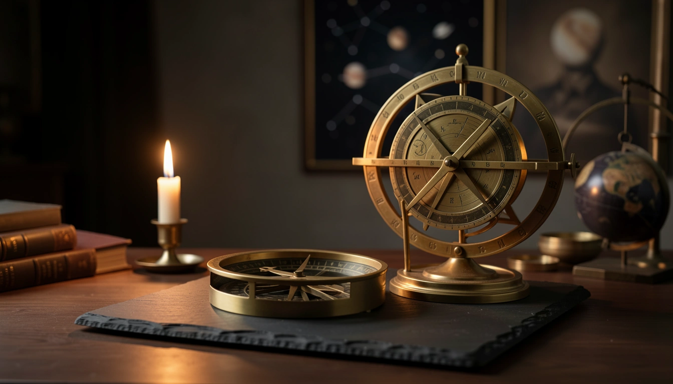 Brass astronomical instruments illuminated by candlelight on a dark stone surface