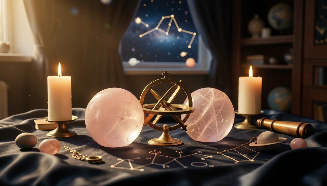 Rose quartz spheres and a brass astrolabe on silk under candlelight