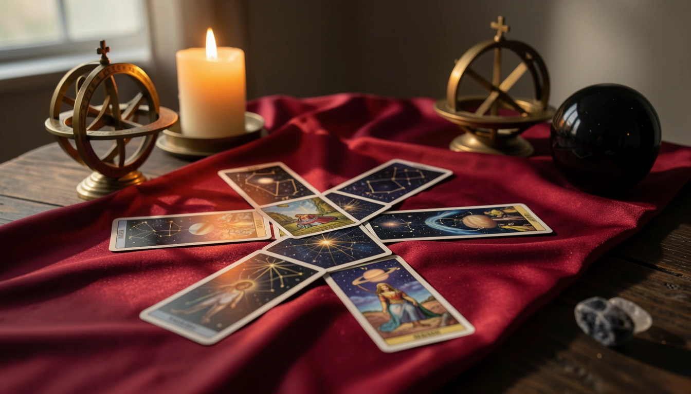 Ten tarot cards arranged in a Celtic Cross spread on crimson silk beside a candlelit brass astrolabe