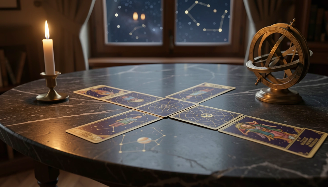 Ten tarot cards arranged in the Celtic Cross spread on a candlelit stone table with a brass astrolabe