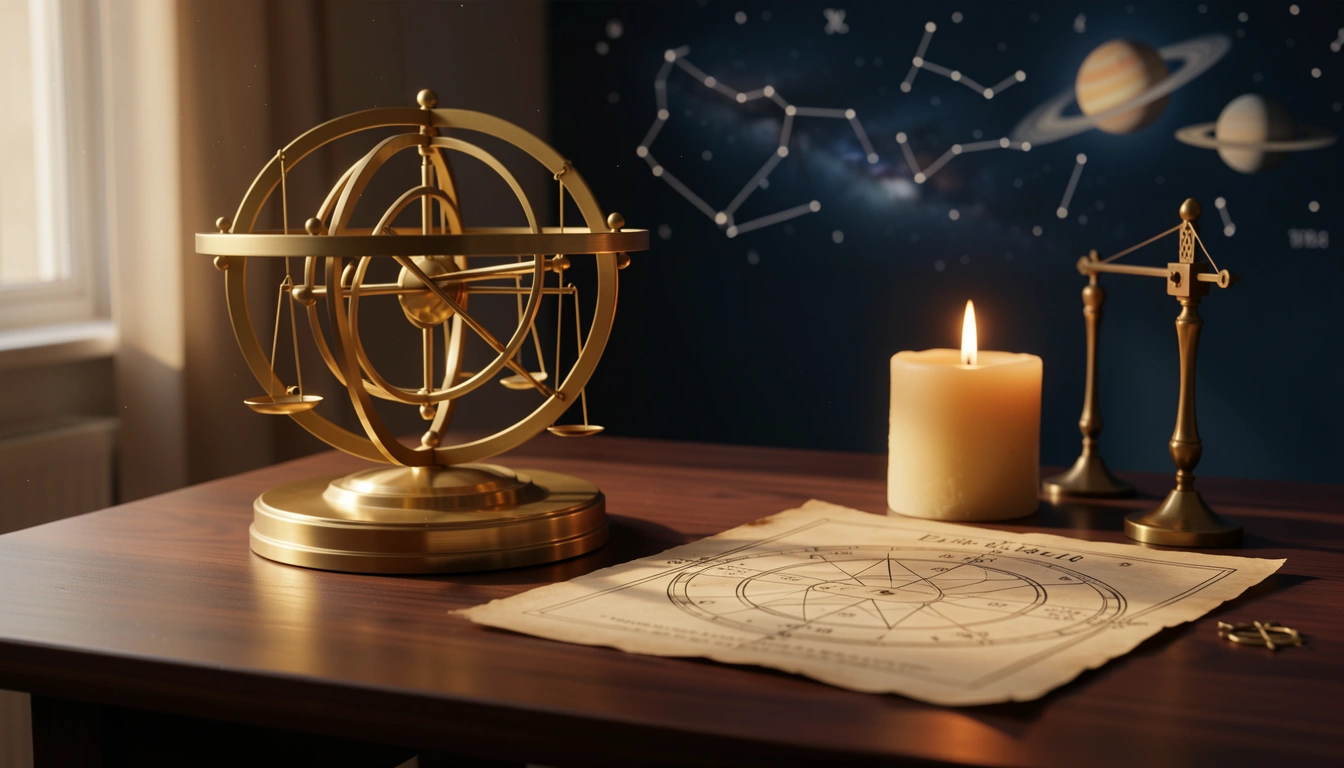 Brass orrery and candle beside a natal chart on parchment