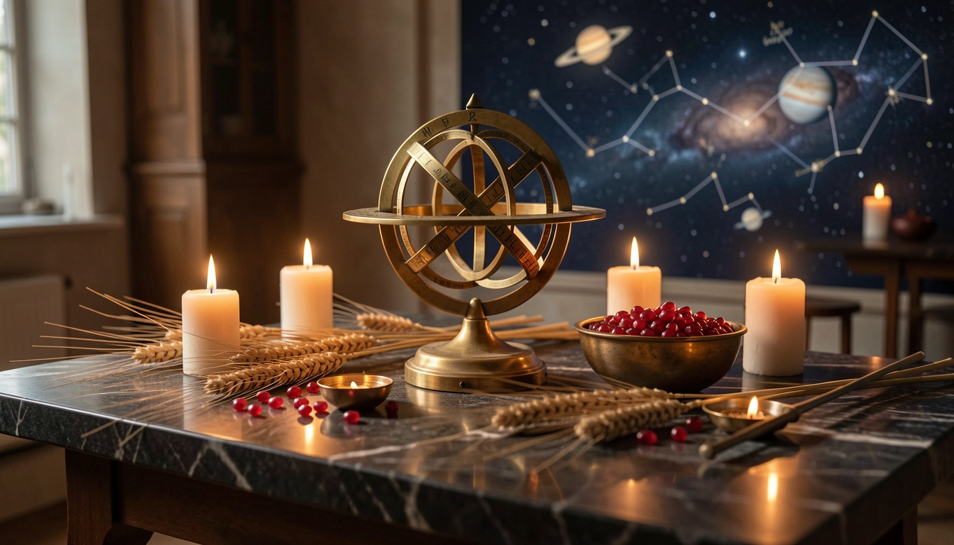 Brass armillary sphere and wheat stalks on a candlelit stone table