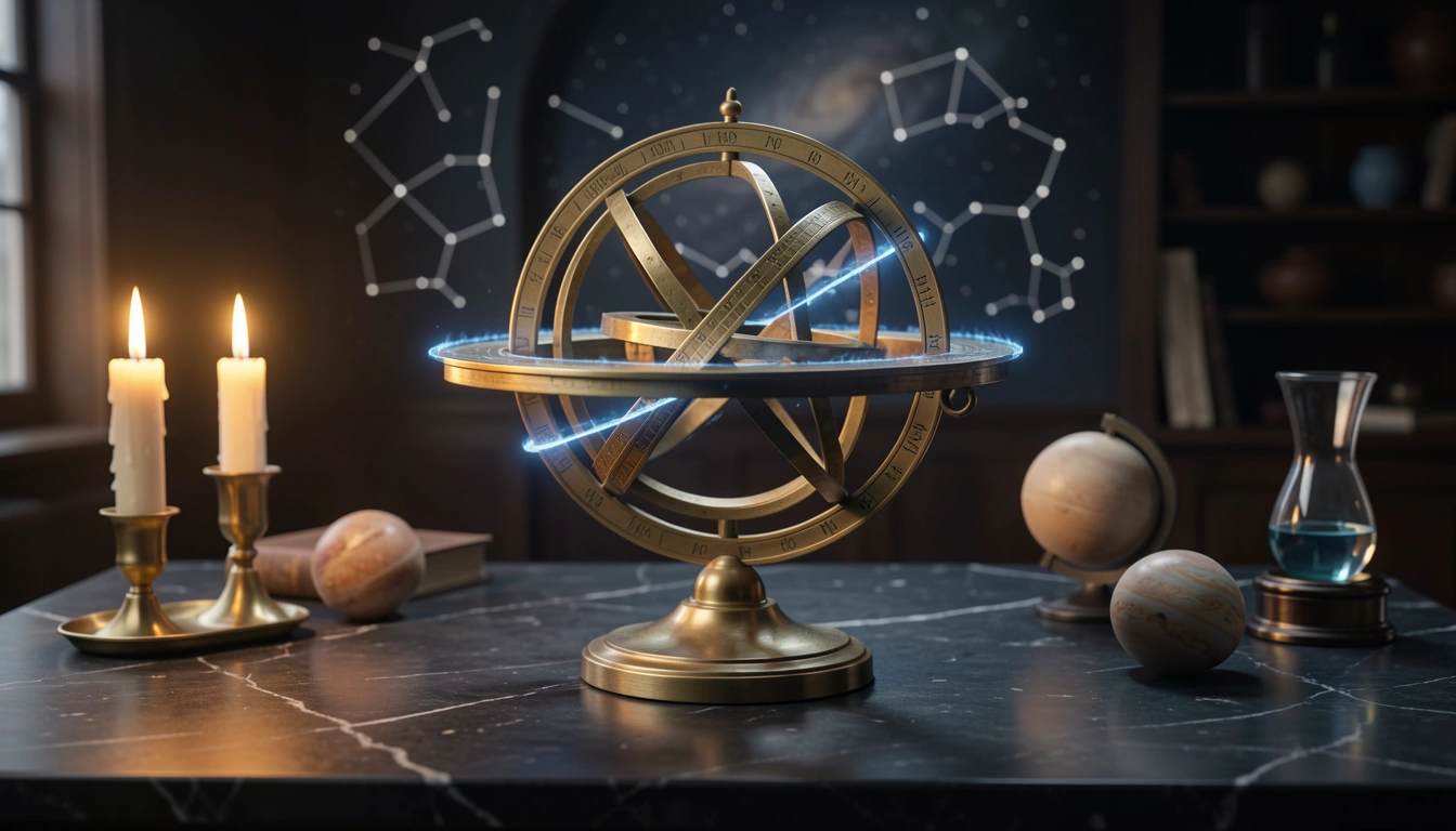 Brass armillary sphere with a blue-lit outer ring on dark stone under candlelight