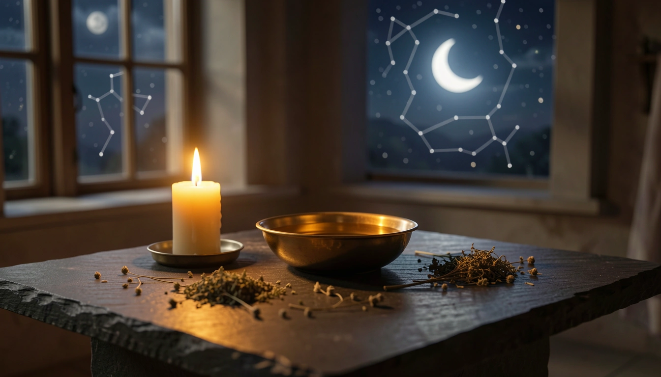 Candlelit altar with brass bowl and dried herbs beneath a crescent moon