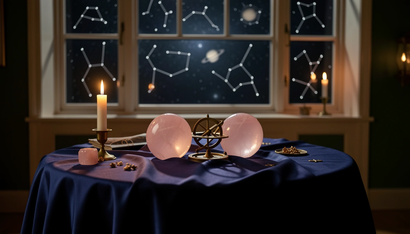 Two rose quartz spheres and a brass astrolabe on indigo silk under candlelight