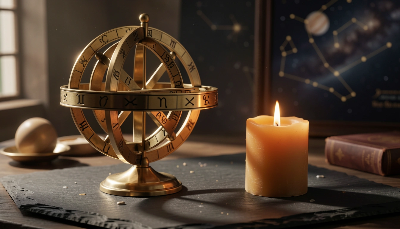 Brass armillary sphere with engraved zodiac rings lit by candlelight