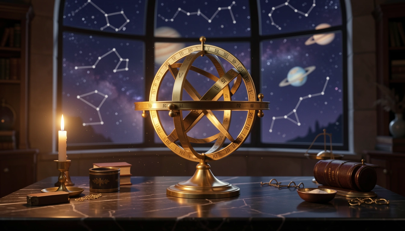 Brass armillary sphere glowing in candlelight against a night sky
