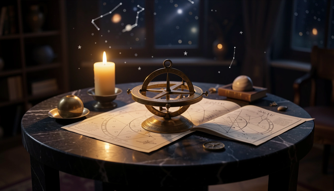 Brass astrolabe and star chart on a candlelit stone table