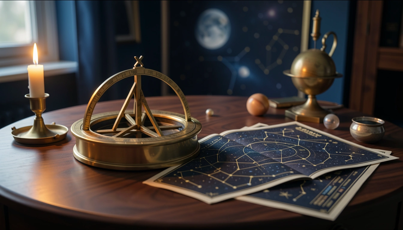 Brass astrolabe and star chart illuminated by candlelight