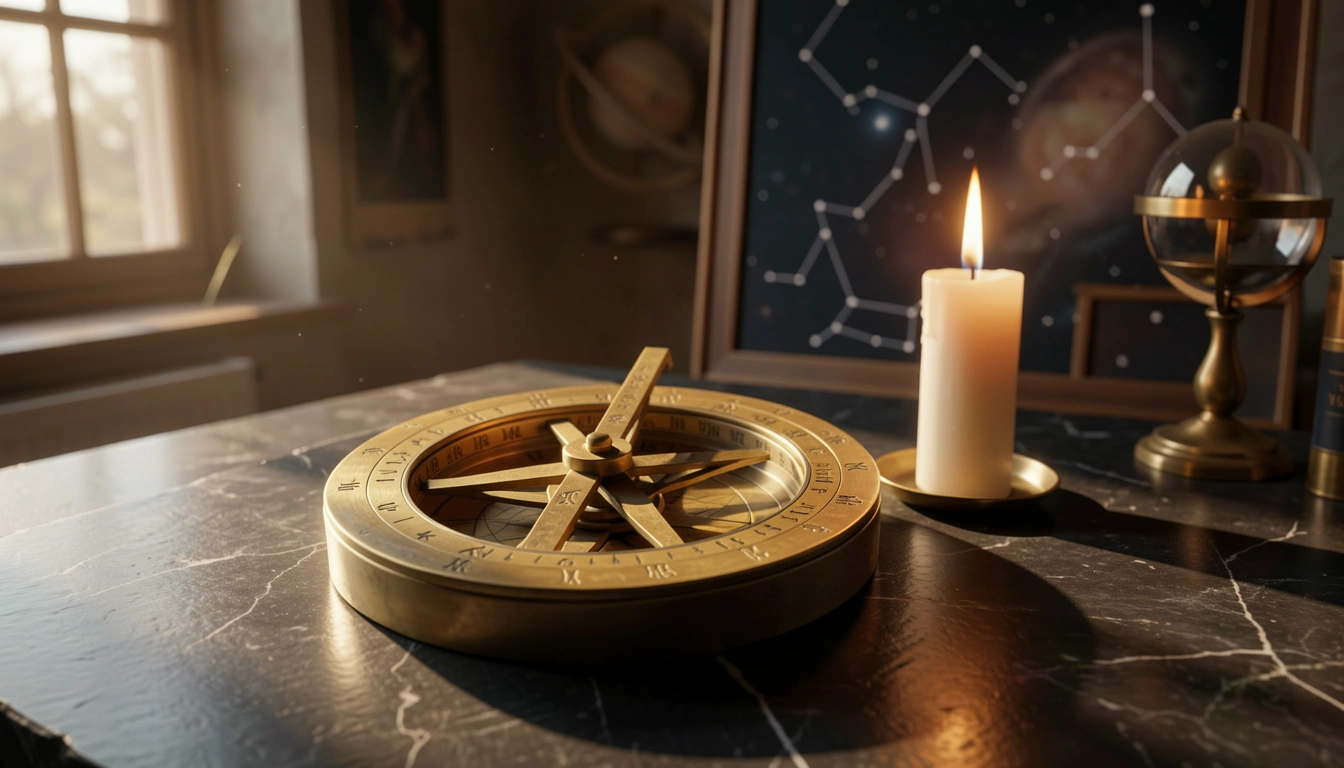 Brass astrolabe and candle on dark stone surface