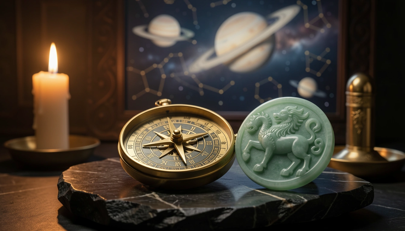 Brass Chinese sexagenary compass and jade zodiac seal on polished stone under candlelight