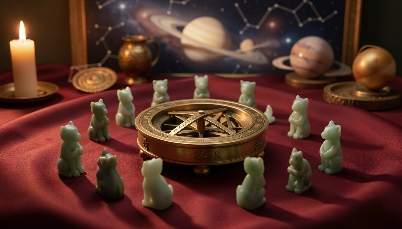 Brass astrolabe surrounded by twelve carved jade zodiac figurines on red silk