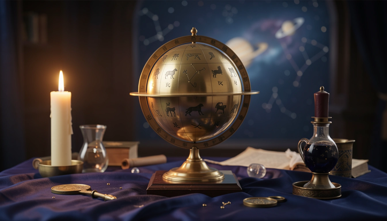 Brass Chinese celestial globe engraved with zodiac branch symbols on silk cloth