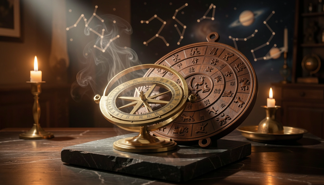 Brass astronomical instrument beside a carved zodiac wheel on dark stone under candlelight