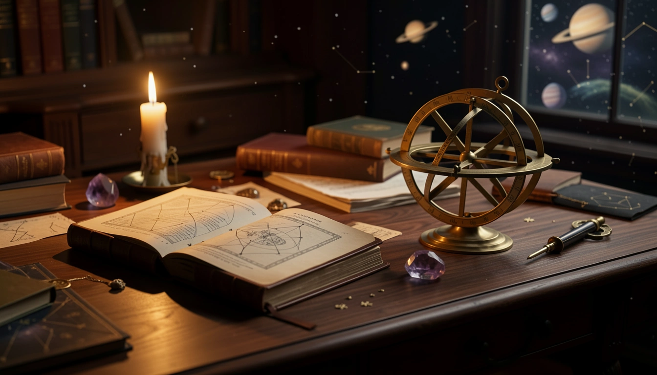 Candlelit table with astrology journal, brass astrolabe, and amethyst crystal
