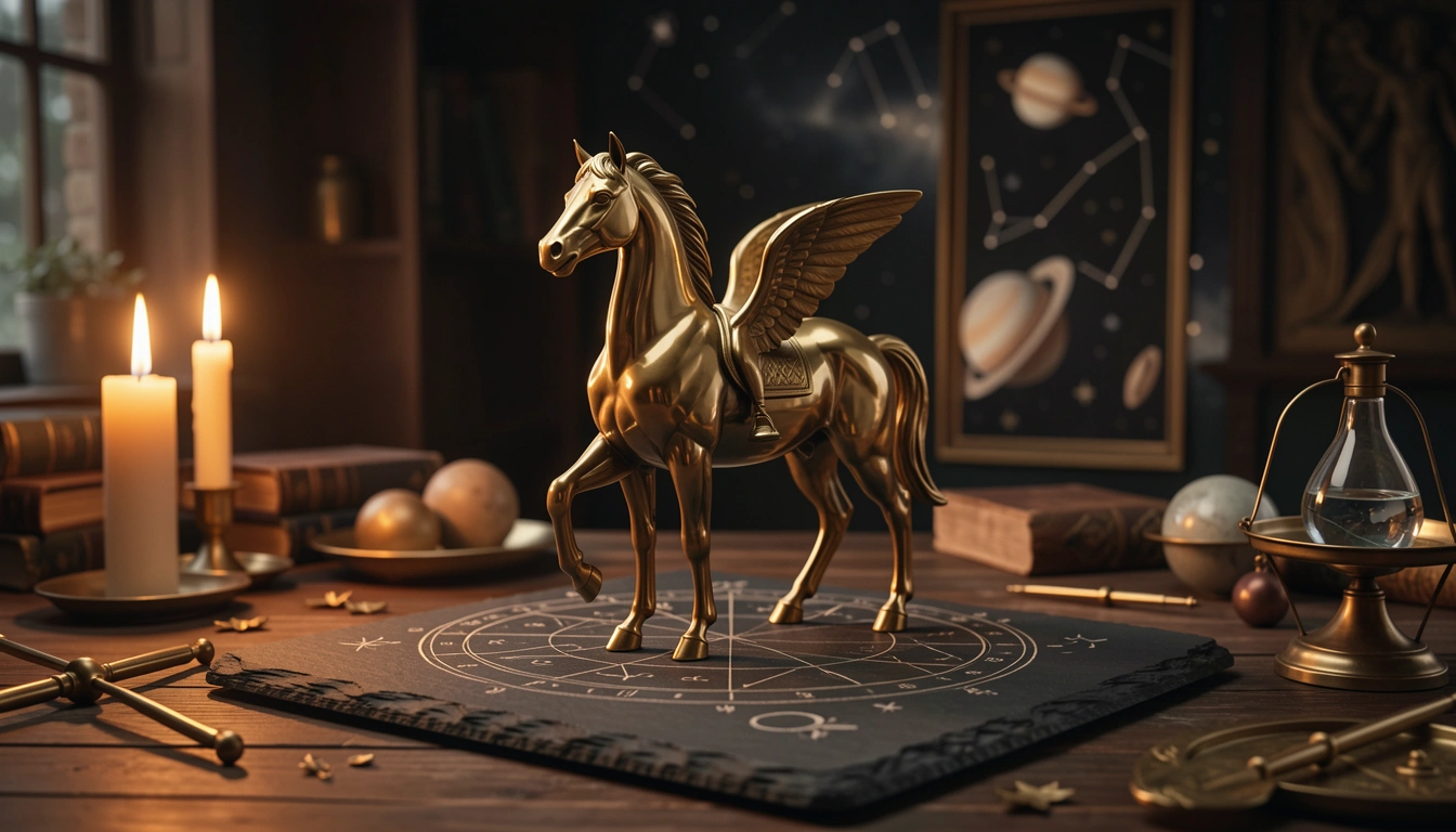 Bronze centaur figure on engraved slate under candlelight