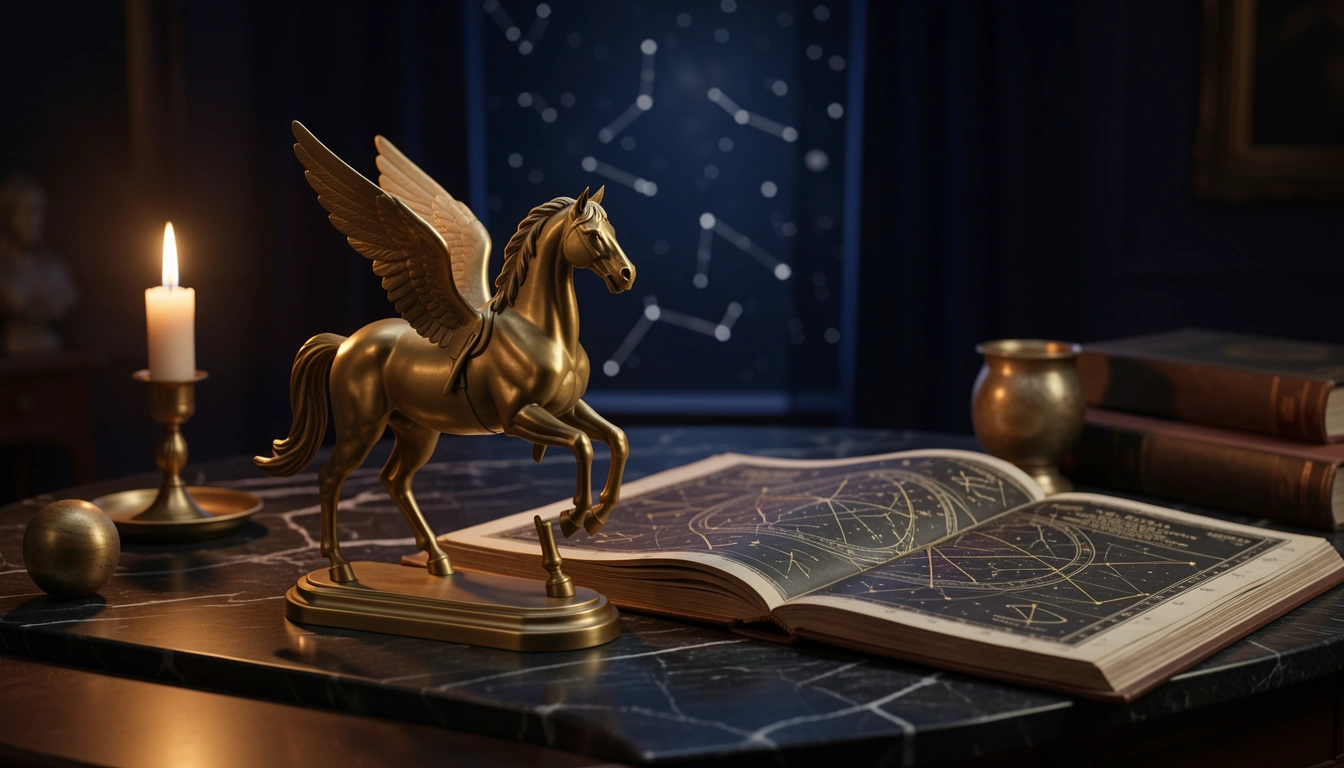 Brass centaur figure beside a candlelit antique star atlas on polished stone