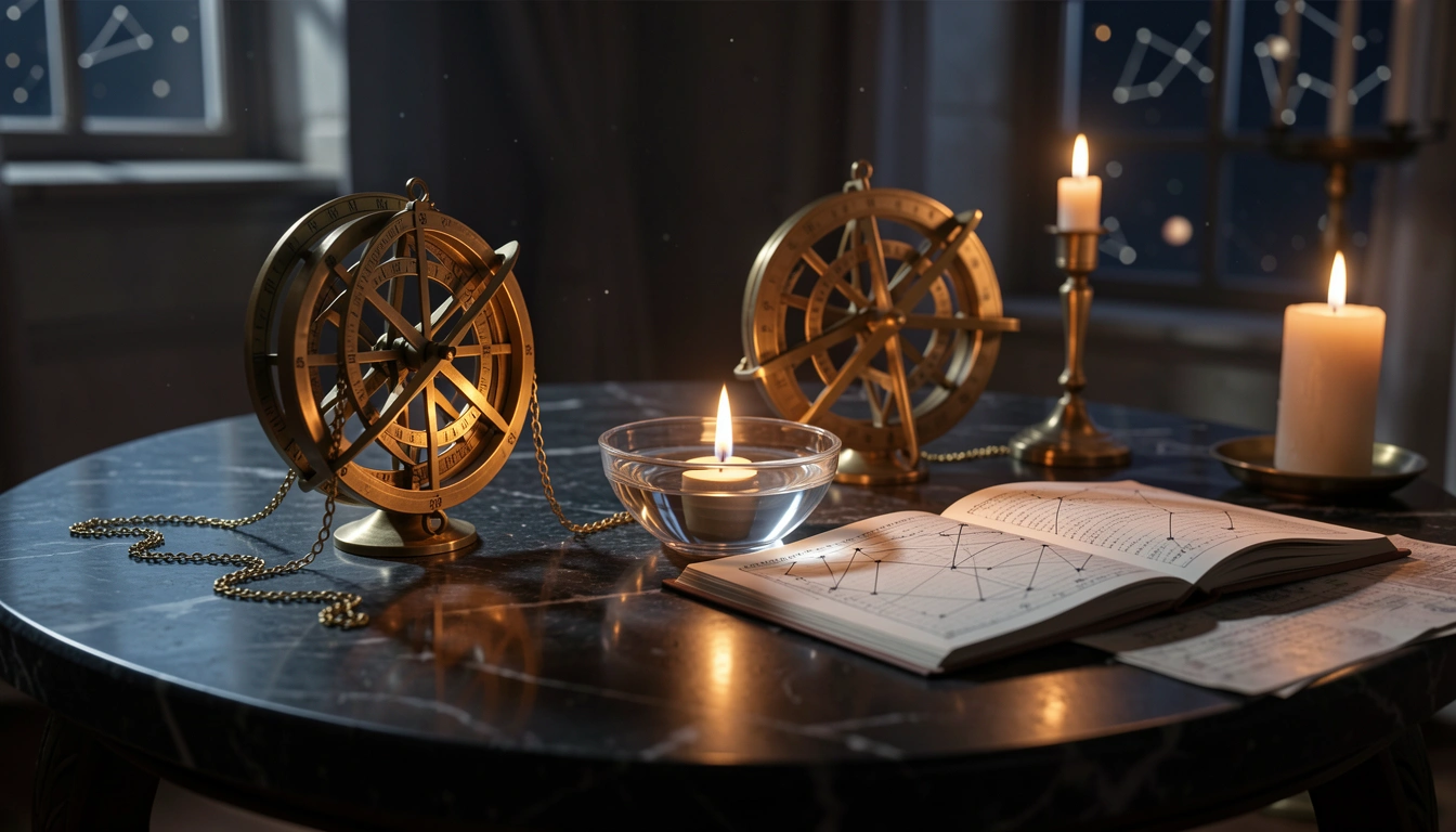 Two brass astrolabes linked by a gold chain on a candlelit stone table