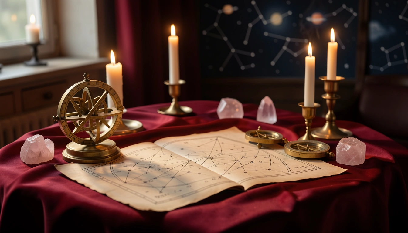 Two brass astrolabes and rose quartz crystals on a candlelit silk-draped table beside an open star chart
