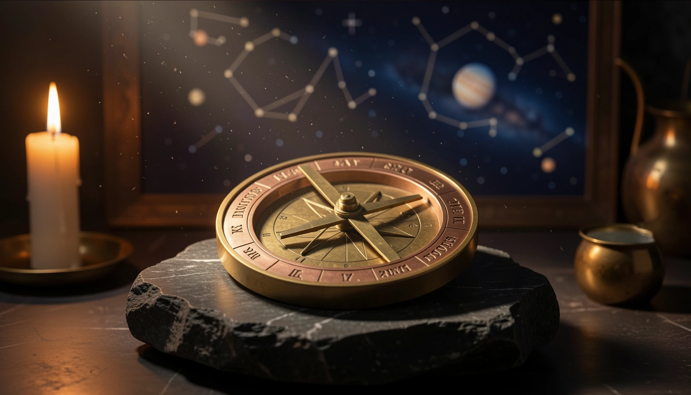 Brass Vedic astrolabe and engraved chart wheel lit by candlelight on dark stone