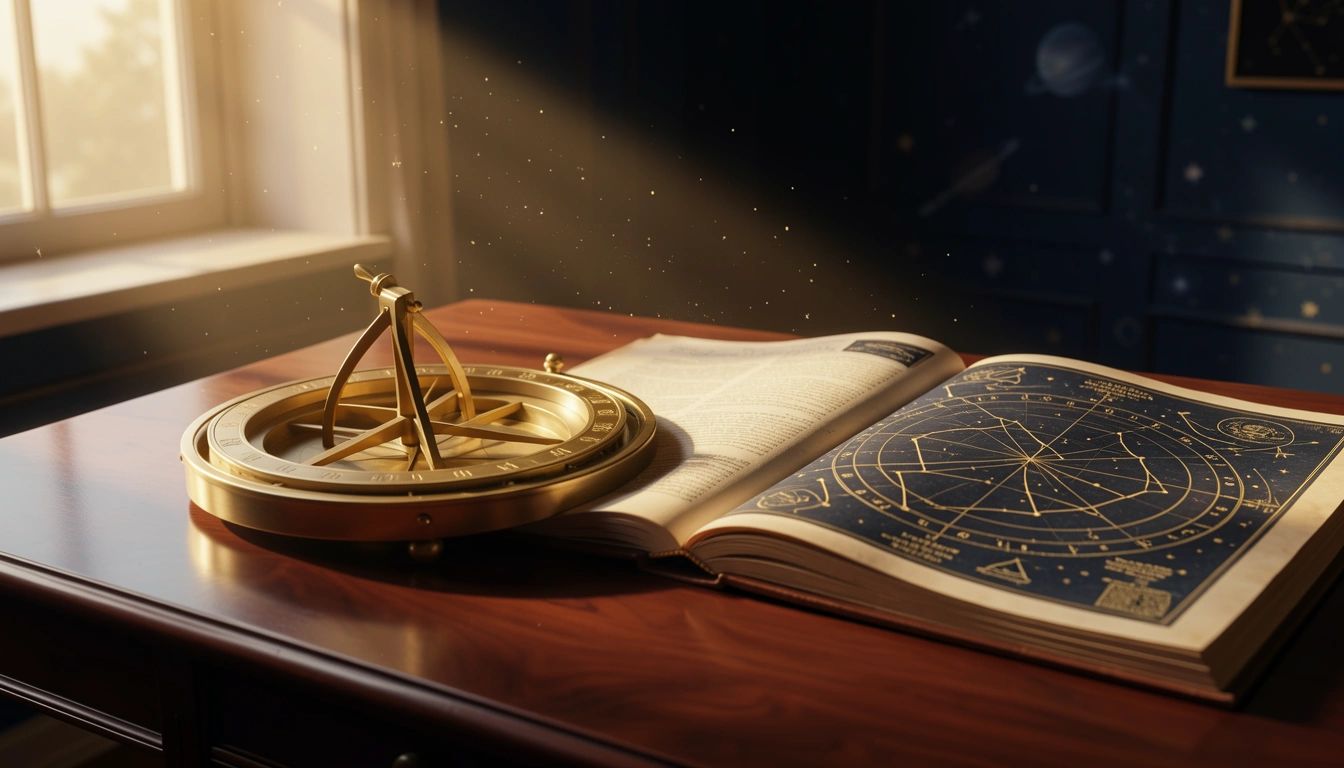 Brass astrolabe and antique star atlas on a polished wooden desk in warm side-light