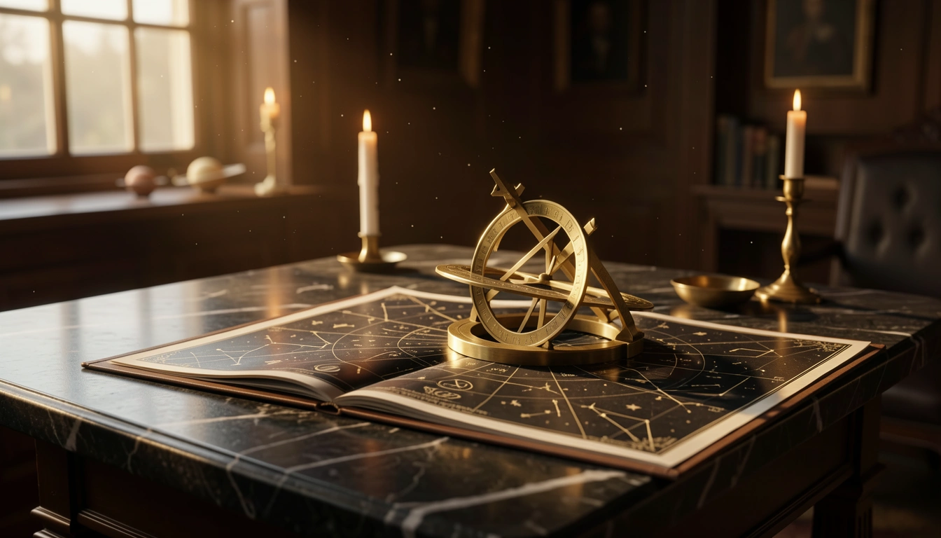 Brass astrolabe and star chart on a polished stone table in golden light