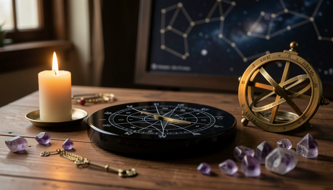 Candlelit obsidian disc with brass astrolabe and crystals on a dark wooden table