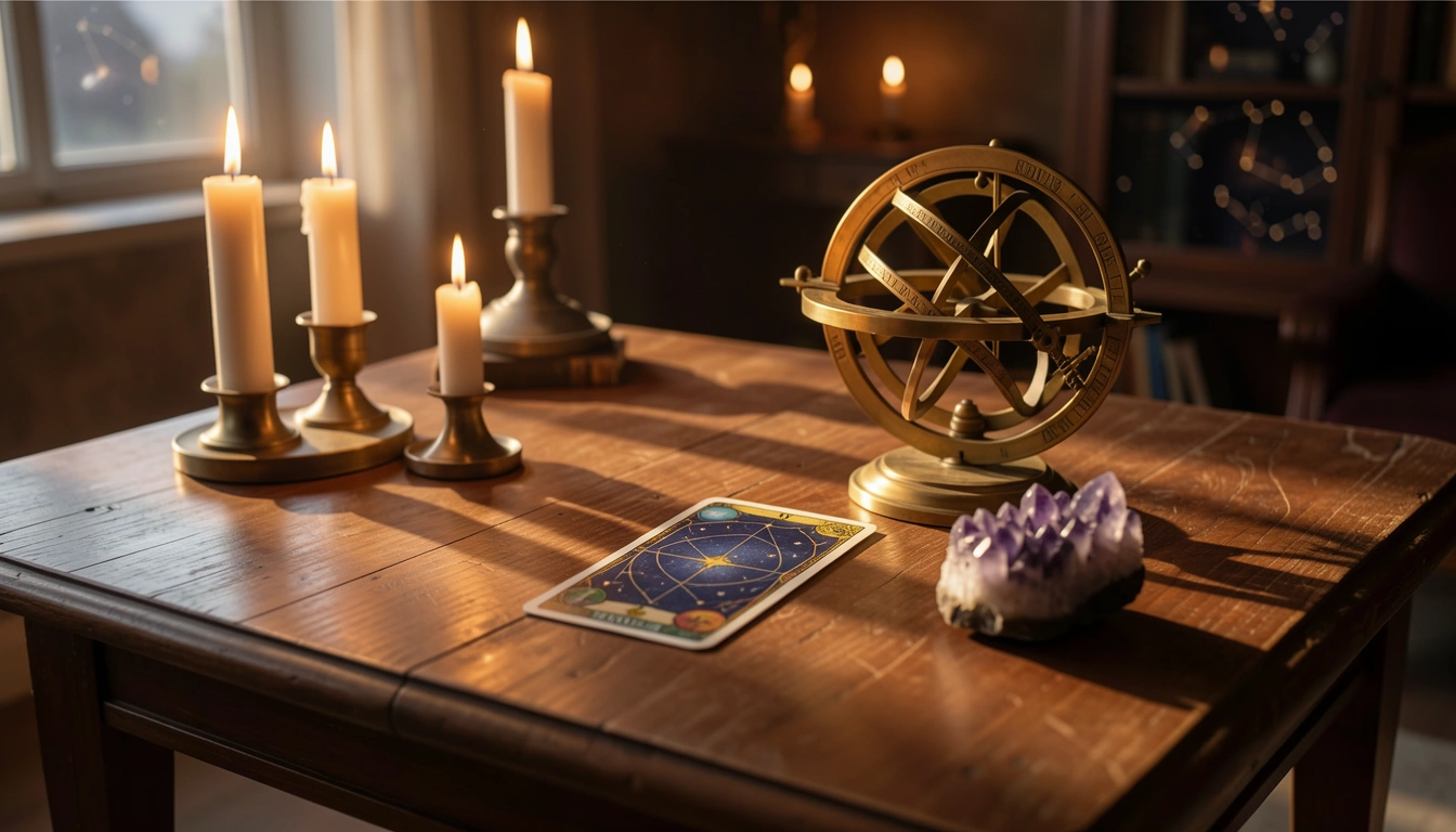 Single tarot card on a candlelit table beside a brass astrolabe and amethyst
