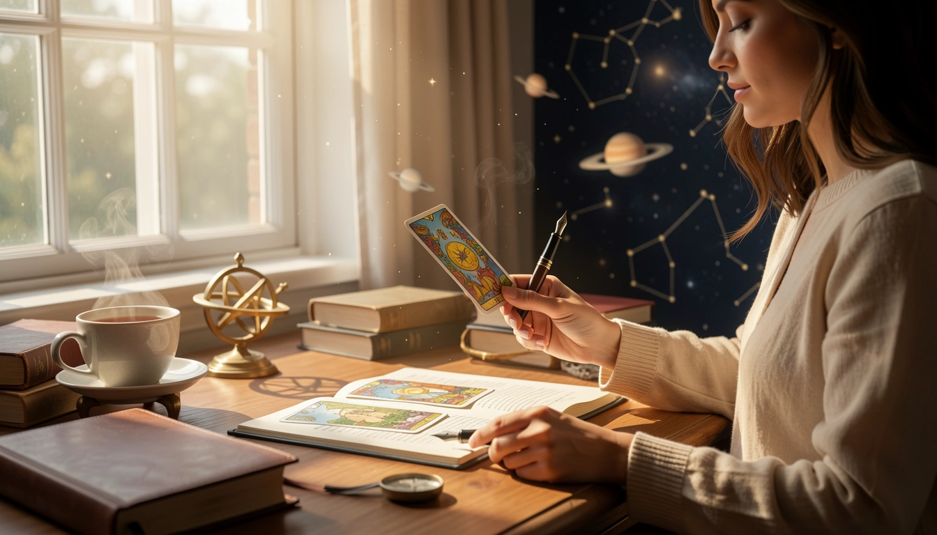 Woman at a sunlit desk holding a tarot card and pen, with an open journal and tea, morning ritual atmosphere.