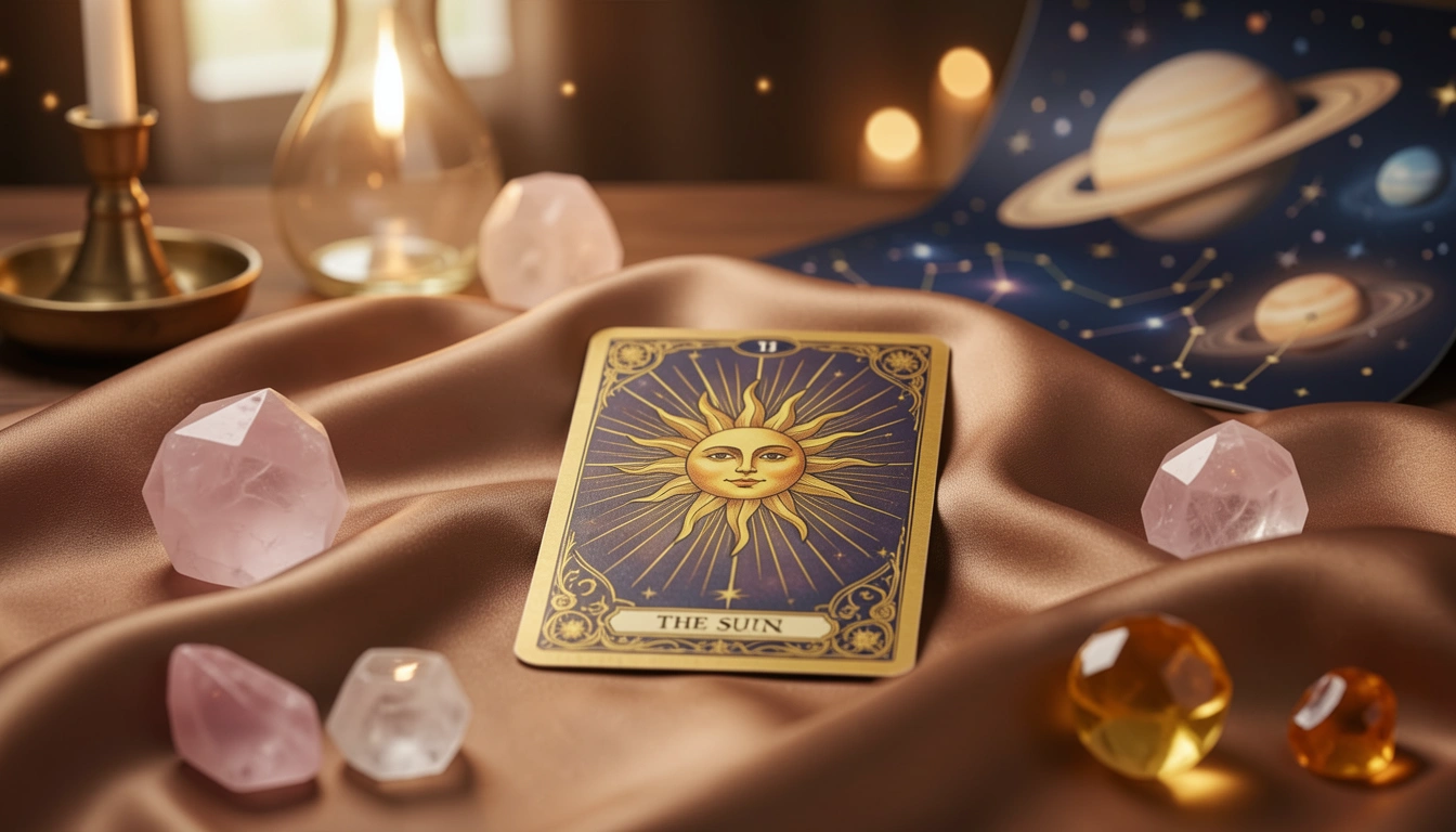 Close-up of The Sun tarot card with crystals and silk fabric