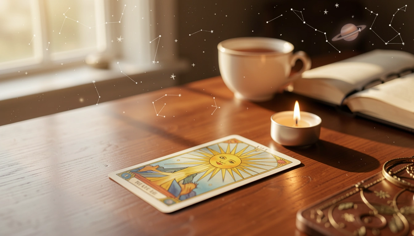 A single tarot card of The Sun on a wooden table with morning light and a candle