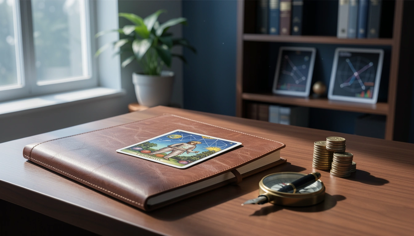 A tarot card, the Eight of Pentacles, on a leather planner with a compass and coins in a well-lit office