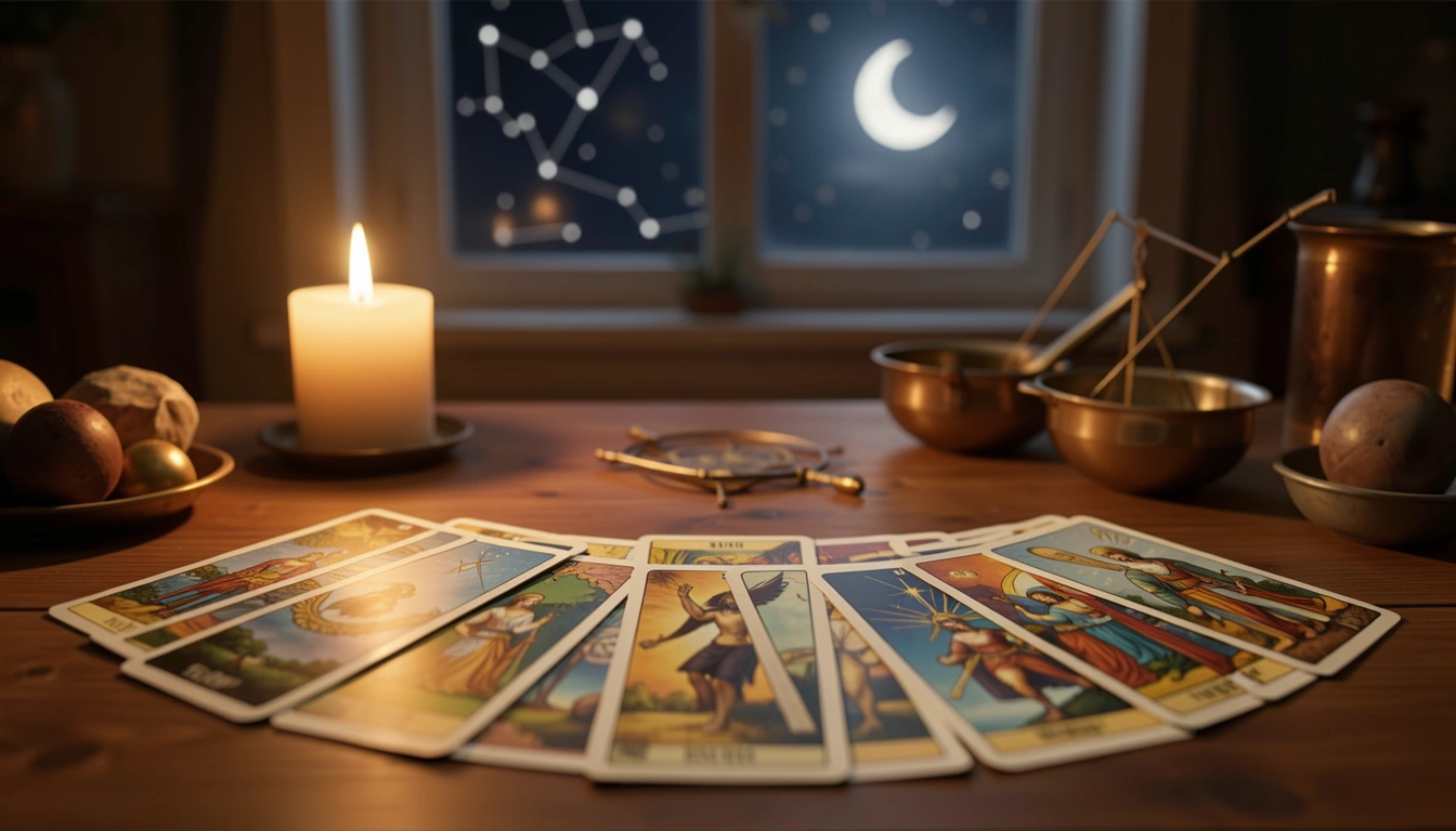 Tarot cards spread on a candlelit table with Major Arcana cards fanned out and a crescent moon visible through the window.