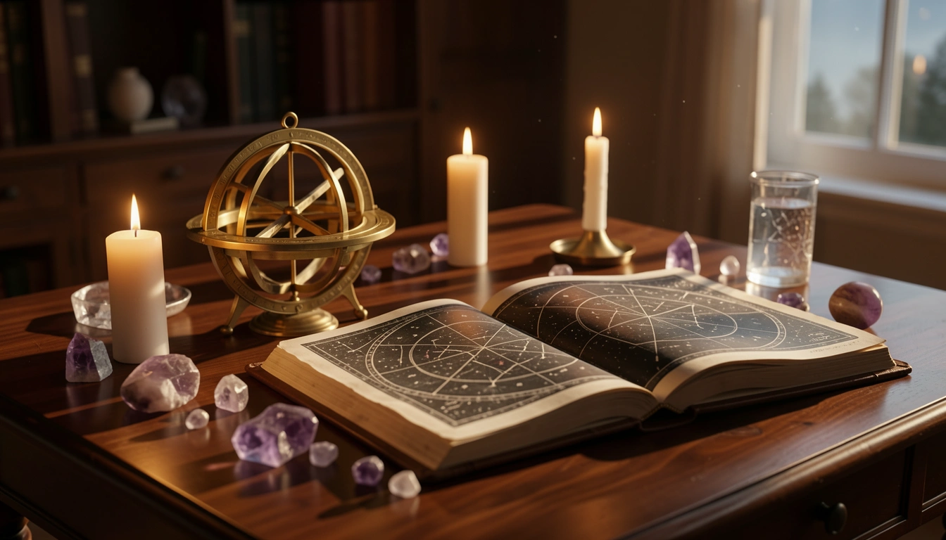 Brass astrolabe and open star atlas on a candlelit table with crystals