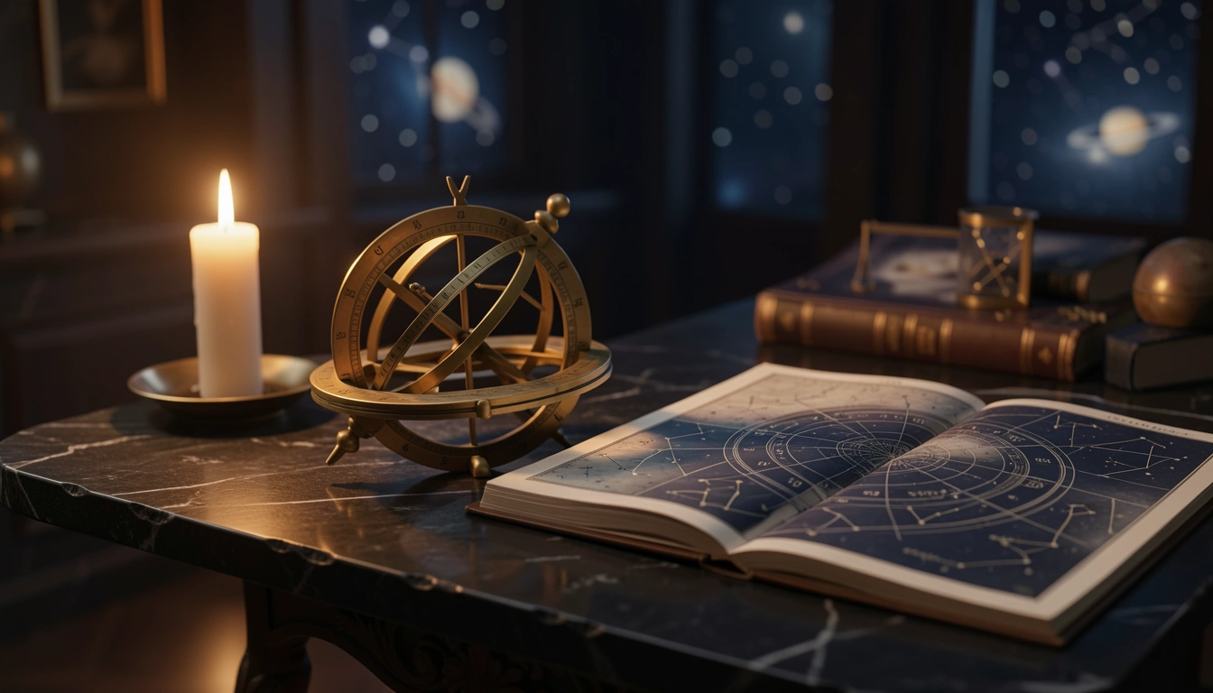 Brass astrolabe and ephemeris pages on stone under candlelight