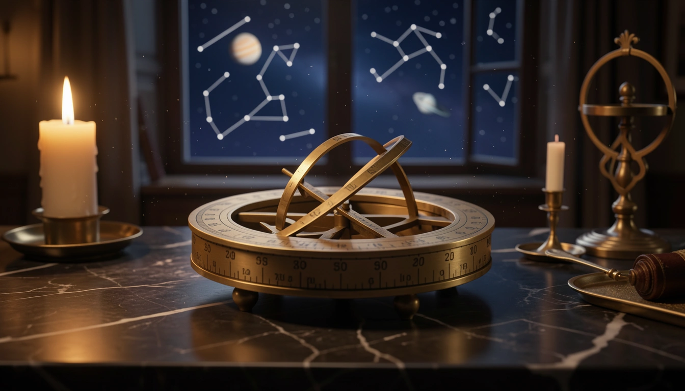Brass astrolabe with degree markings lit by candlelight on dark marble