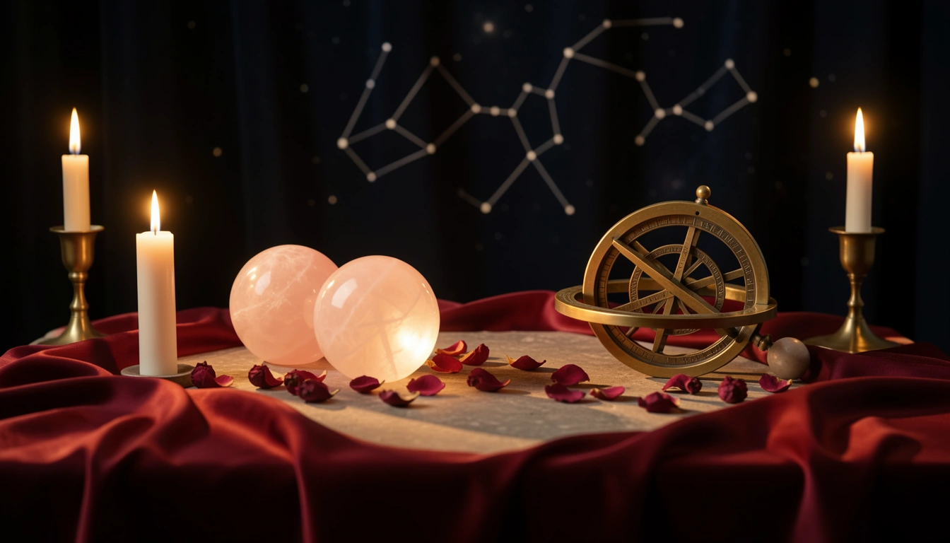 Rose quartz spheres and a brass astrolabe on a candlelit silk-draped table