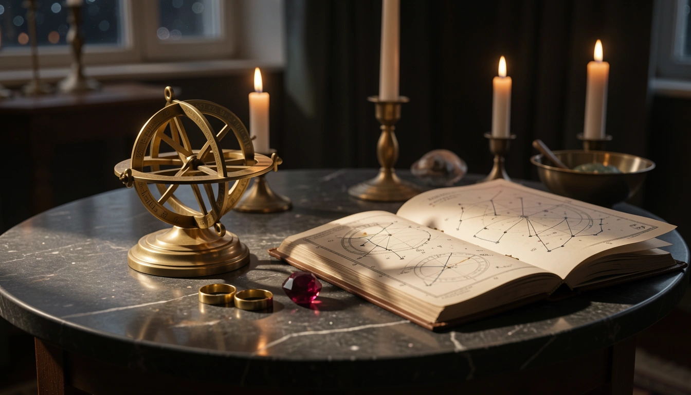 Brass astrolabe and gold rings on a candlelit stone table beside an open star chart